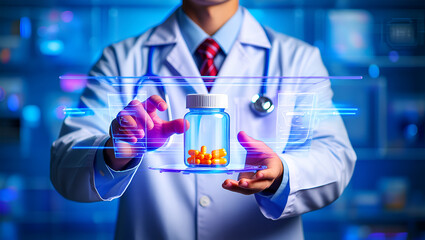 Doctor holding pill bottle with digital interface medical healthcare