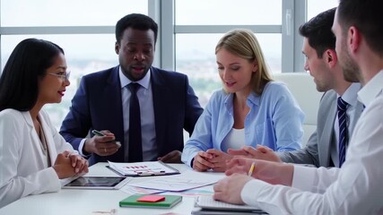 Diverse business team collaborates, analyzing data during a meeting - Powered by Adobe