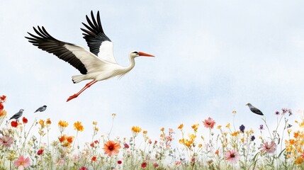 Obraz premium Stork flying over blooming meadows with sparrows and floral watercolor accents