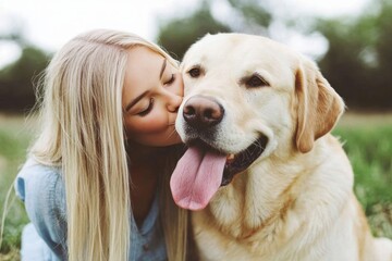 Beautiful girl with dog in park, framed against lush green young long blonde hair