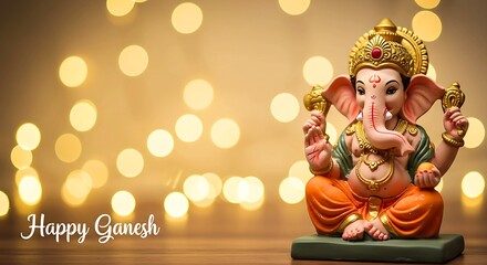 Happy ganesh chaturthi celebration with a statue and bokeh lights