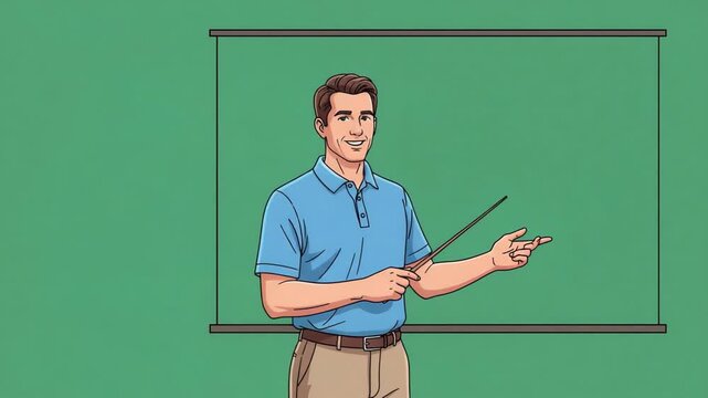 Animated teacher explains lesson while gesturing towards an empty chalkboard for adding text or graphics into a presentation.