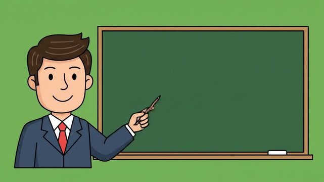 Animated teacher with a pointer explaining lessons on a chalkboard in a classroom setting perfect for educational content and presentations