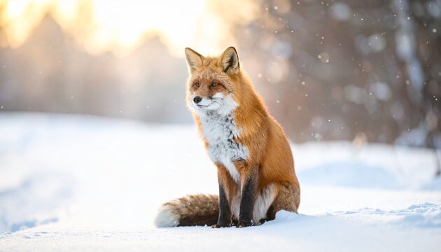 A red fox sitting in a snowy forest, surrounded by falling snowflakes and soft morning light.