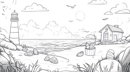 Obraz premium Sketchy Seaside Landscape with Lighthouse, Beach House, and Ocean
