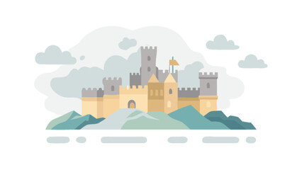 Illustration of a fairytale castle on a hill with towers and flag, fantasy kingdom landscape vector art