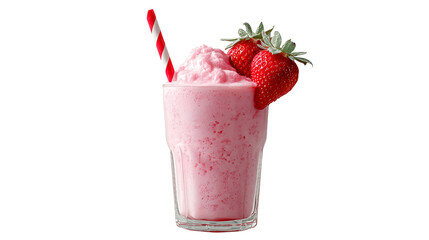 A glass of pink strawberry milkshake with a red straw