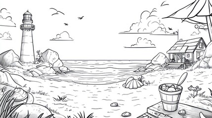 Seaside sketch, lighthouse, beach cottage, peaceful scene, background, design, concept art, illustration