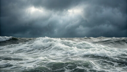 Fototapeta premium Stormy Seas with Crashing Waves Under Dark Ominous Clouds abyss blue