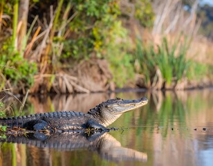 Fototapeta premium Alligator basking in calm water