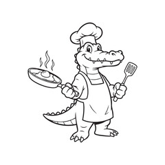 Vector art of an alligator chef is cooking an egg in a frying pan with a spatula, he is wearing a chefs hat and apron, smiling