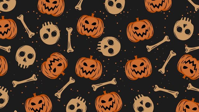 Seamless looping Halloween animation featuring scattered pumpkins, skulls, and bones on a dark background with orange dots, creating a spooky festive pattern in 4K.