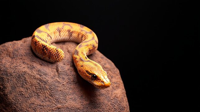 Young boa constrictor coiled on a rock against a dark background