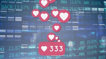 Animation of social media reactions over financial data on navy background with lights - Powered by Adobe