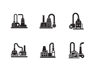 Vector Illustration of Vacuum Cleaners and Factories in Black and White Minimalist Design for Cleaning and Industrial Concepts