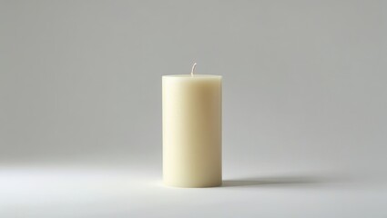 A simple, cylinder-shaped candle, light beige in color, sits on a neutral background, casting a subtle shadow.