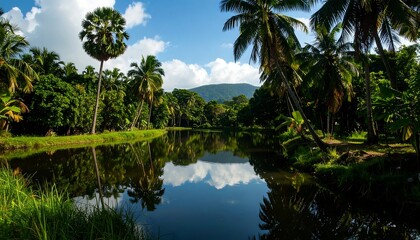 Tranquil tropical lagoon with lush greenery