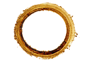 Circular coffee ring stain on a transparent background, slightly textured and uneven, radiating from transparent brown inner edge to a lighter outer rim