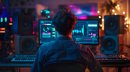 音楽制作・編集をする男性の後ろ姿