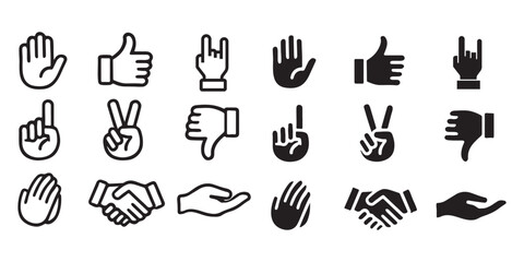 Gestures set icon. Raised fingers, open hands, thumbs, waves, index points, palm displays, and communication hand signs in minimal outline showing pack of different hands gestures and signs set. EPS10