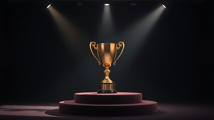 Golden trophy on a velvet podium under dramatic spotlight in an elegant setting.