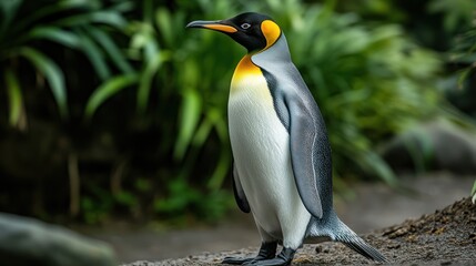 Naklejka premium King Penguin standing in zoo enclosure, vibrant colors, nature background, wildlife photography