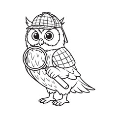 Vector art of an owl detective with a magnifying glass, wearing a checkered hat,ready to solve mysteries with its sharp eyes and wit