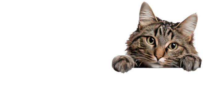 Tabby cat peers playfully over an edge, paws resting on the rim. Focused gaze, curious expression, isolated on a transparent background