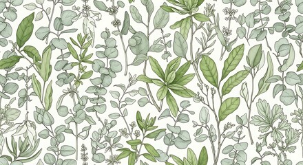 Obraz premium Botanical Harmony: Watercolor Eucalyptus and Green Foliage Pattern on Cream Background