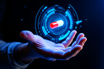 Hand holding futuristic medical capsule with digital interface image