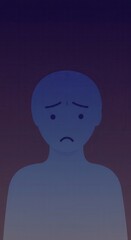 A stylized illustration showcases a pensive figure, bathed in cool blues and deep purples, expressing sadness.