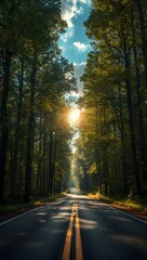 Fototapeta premium Sunlight Breaking Through Tall Forest Trees Along a Quiet Country Road