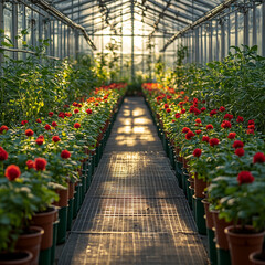 Sunlit Greenhouse with Rows of Red Potted Flowers