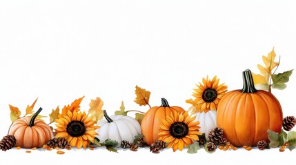 Thanksgiving-themed watercolor art with pumpkins, sunflowers, and rustic foliage