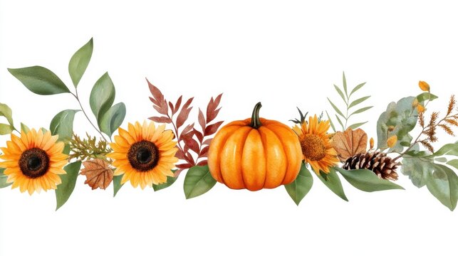 watercolor autumn pumpkin sunflowers leaves border clip art preview