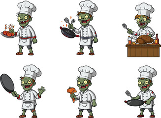 Funny cartoon zombie chef characters cooking food with frying pan, vegetables, meat, and kitchen tools in humorous vector illustration designF