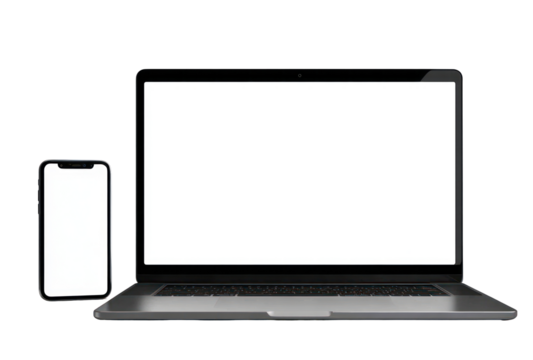 Laptop and phone with blank white screens isolated on a transparent background, centered in the composition