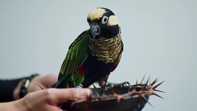 Caique Parrot Portrait on Hands with Spiky Decor in Studio Lighting Against White Background