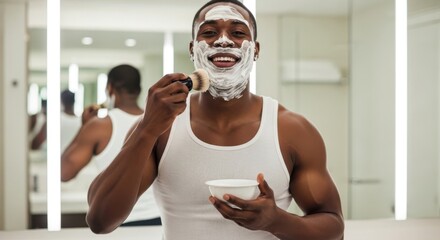 A man applies shaving cream to his face with a brush in a bathroom