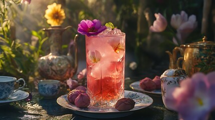 A flower infused lychee soda in a whimsical tea party setting