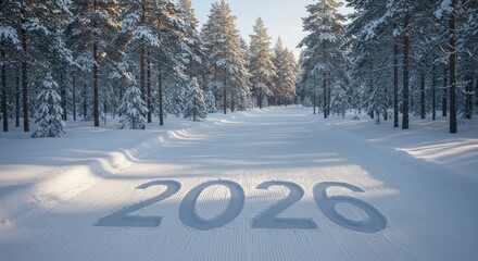 Crisp Winter: Snow-Covered Forest Path with '2026' Inscription, Serene and Hopeful