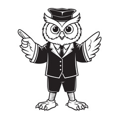 Vector art of cartoon owl character wearing a graduation cap and suit, pointing with its wing in a funny and clever illustration
