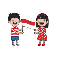 Cartoon Indonesian children celebrating independence day with waving the national flag happily