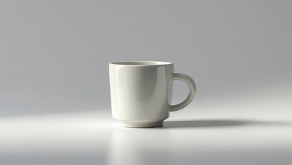 Obraz premium A plain white mug stands on a white surface against a neutral backdrop, highlighting its simple elegance.