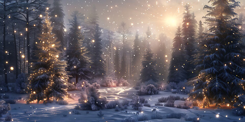 Obraz premium Snowy forest with glowing evergreen lights under starry sky, creating magical serene winter night atmosphere