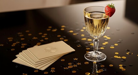 Champagne flute with strawberry and gold cards on a confetti-strewn dark surface