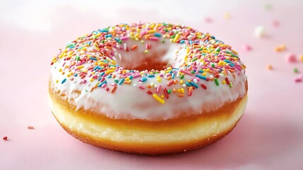 A fluffy donut topped with rainbow sprinkles on a pastel background