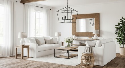 Beautiful bright living room with white sofas and wooden accents