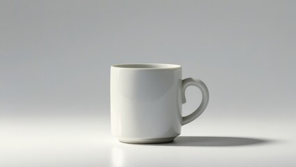 Fototapeta premium A simple white ceramic mug with a heart-shaped handle stands on a plain white surface, casting a subtle shadow.