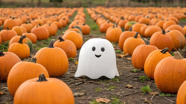 A friendly, minimalist ghost figure stands cheerfully amidst vast rows of vibrant orange pumpkins in an autumn field, ready for Halloween celebrations and harvest festivities